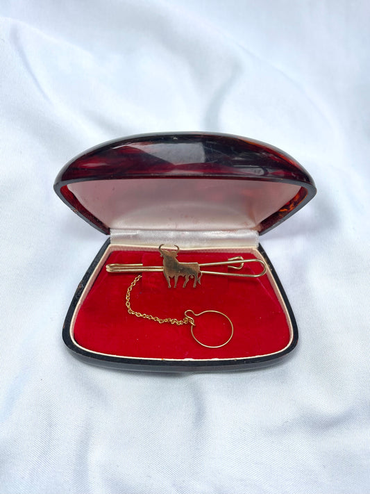 Gold Tone Bull Profile Tie Clip & Safety Chain with Box